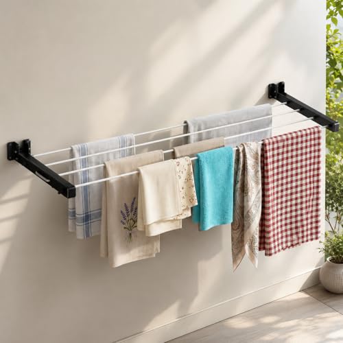 Image of TAGGY Heavy Duty 4 Layer Foldable Cloth Drying Stand for Balcony with 40 Feet Rope | Cloth Drying Stand | Wall Hanging Clothes Dryer Rack for Balcony & Indoor Wall Mounted Laundry Hanger Grey