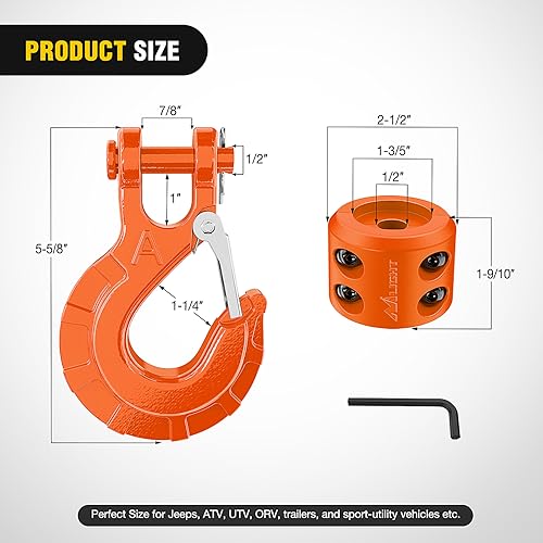 Image of Nilight 3 /8 inch Grade 70 Heavy-Duty Winch Hook with Cable Stopper - 35,000 LBS Drop-Forged Steel Clevis Hook for ATV, Jeep, Trailer Winch Recovery w /Spring Latch, Clevis Pin & Rubber Stopper, Orange