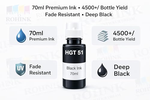 Image of ROHINK GT51 GT52 Ink Refill Dye Ink Compatible with HP Ink Tank 115, 310, 315, 319, 410, 415, 416, 419, 455, 500, 515, 530, 615, GT 5810, GT 5811, GT 5820 (70ML*3 Black)