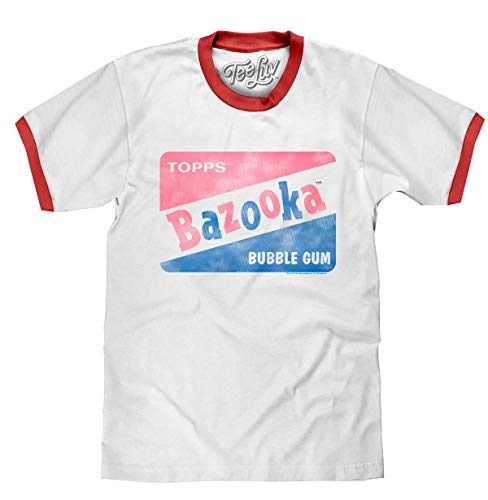 Tee Luv Bazooka Bubble Gum Shirt - Retro Topps Candy Ringer Tee Shirt (Red/White) (L)