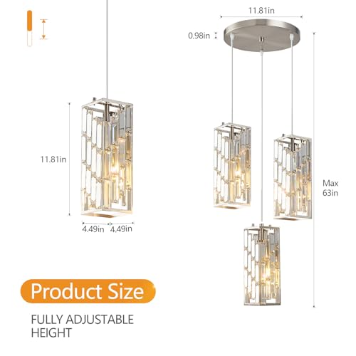 Image of Brushed Nickel Pendant Lighting Modern Pendant Light, Mini Crystal Chandeliers,Adjustable Pendant Light Fixture for Kitchen Island Dinning Room Bedroom (3 Light)