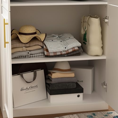 ECACAD White Wardrobe Armoire with 4 Doors, 3-Tier Shelves & Hanging Rod, Wooden Closet Storage Cabinet for Bedroom (30.2”W x 19.3”D x 74.8”H)