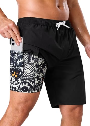 SILKWORLD Mens Swim Trunks with Compression Liner 2 in 1 Quick Dry Bathing Suits Beach Shorts with Cargo Pockets, Black Totem, X-Large — view 2