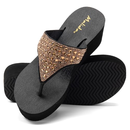 Image of MALIDA Womens Wedge Arch Support Flip Flops Cushion Soft Rubber Midsole Platform Thong Sandals with Rubber Sole