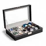 Estojo Organizador de Relógios e Óculos com Tampa Transparente – 9 Compartimentos (6 Relógios + 3 Óculos) – Couro Sintético Preto – Caixa Elegante para Armazenamento e Exposição