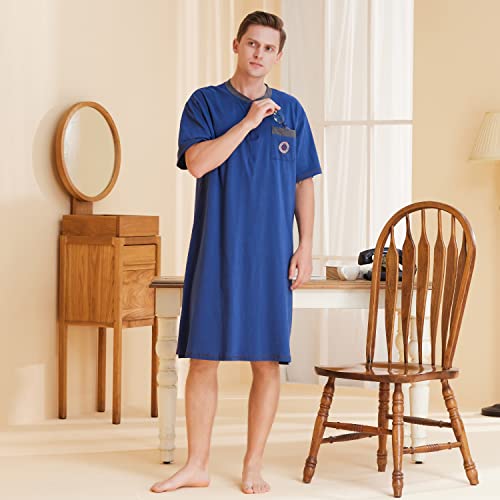 Keyocean Men Nightshirt, 100% Cotton Soft Comfy Short Sleeves Henley Neck Sleeping Loungewear4