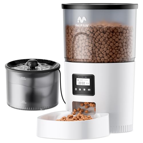 IMIPAW Automatic Cat Feeder and Water Fountain Timed Dry Food Dispenser Programmable Portion Control 1-6 Meals Per Day Desiccant Bag Cat Fountains for Drinking with Filter Small Pets (3L Combo)