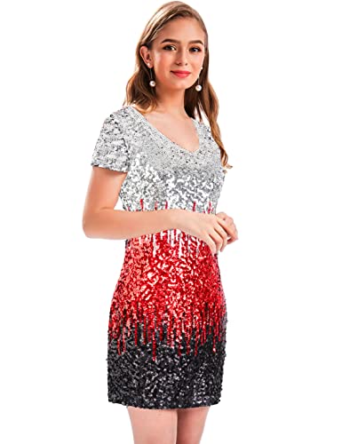 Image of MANER Women's Sequin Glitter Short Sleeve Dress Sexy V Neck Mini Party Club Bodycon Dresses