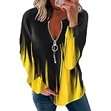 Masrin Bluse Damen Lässige Oberteile mit gestreiften Nähten in Kontrastfarbe Tunika mit Reißverschluss und V Ausschnitt Herbst Langarmshirts Lockerer bequemer Pullover