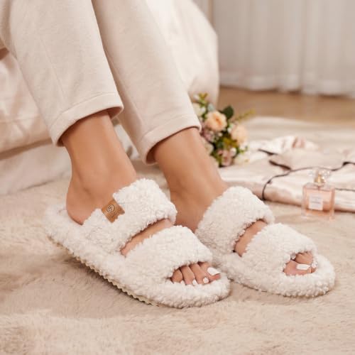 EverFoams Womens Fuzzy Open-toe Slippers Soft Comfy Memory Foam Indoor House Shoes Vanilla Ice,7-8 US