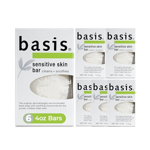 Basis Sensitive Skin Bar Soap for Body, Hands and Face, Unscented Soap Bar for Sensitive Skin with Chamomile and Aloe Vera, 4 Oz, Pack of 6