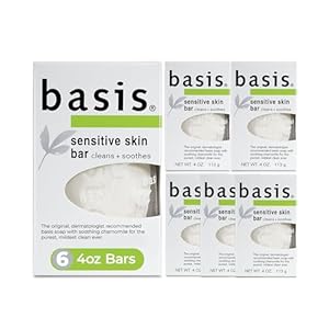 Basis Sensitive Skin Bar Soap for Body, Hands and Face, Unscented Soap Bar for Sensitive Skin with Chamomile and Aloe Vera, 4 Oz, Pack of 6