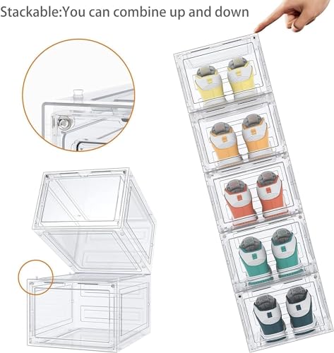 BSJIASHIWEI Shoe Box, Shoe Storage Boxes Clear Plastic Stackable, Shoe Organizer Containers with Lids for Women/Men,Drop Front Plastic Shoe Box with Clear Door Easy Assembly, Fit up to US Size(6 Pcs)