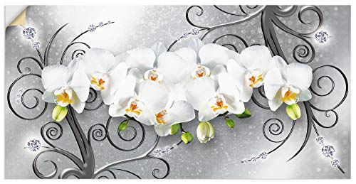 Wandbild ARTLAND weiße Orchideen auf Ornamenten Bilder Gr B H 100 cm x 50 cm Wandaufkleber - Vinyl Blumenbilder Querformat 1 St grau Kunstdrucke als Alubild Leinwandbild Wandaufkleber oder Poster in versch Größen