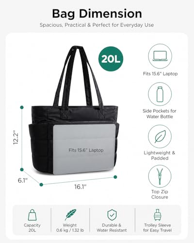 Image of Tressential Puffer Tote Bag for Women, Lightweight, 20L Capacity with 15.6 inch Laptop Compartment, Side Pockets, Office, College and Travel