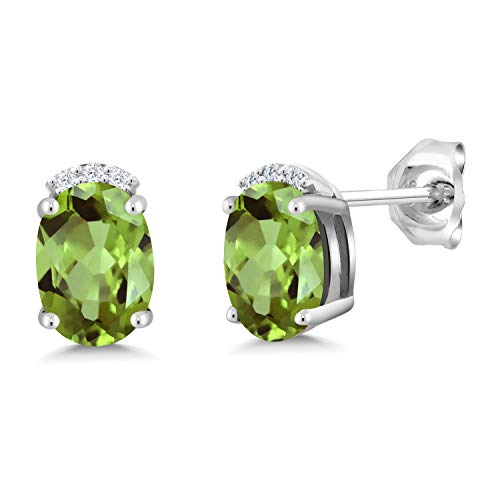Gem Stone King 925 Sterling Silver Green Peridot and White Lab Grown Diamond Earrings For Women 1.86 Ct Oval 7X5MM