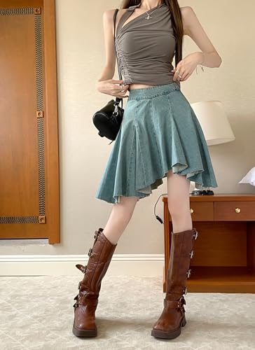 Women's Irregular Denim Skirt Vintage A-Line Skirt High Waist Ruffled Flowing Hem Pleated Loose Casual Skirts4