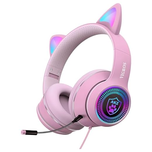VIGROS Cat Ear Gaming Headphones Wired AUX 3.5mm LED Light, Noise Canceling Game Headphones Stereo Foldable Over-Ear Headsets with Microphone Fit Girls, Kids for PC, PS4, Switch, Xbox, Mobile, Laptop