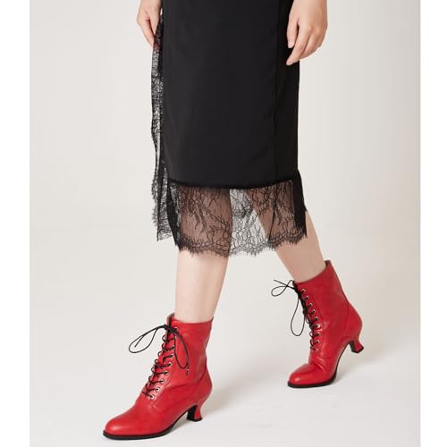 Image of Women's Victorian Ankle Boots - Mid Calf, Round Toe, Black Boots with Chunky Heel & Lace Up Detail