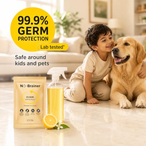 Image of No Brainer Floor Cleaner Refill, Plant-Based & Natural | Powder-to-Liquid, 1 Pouch Makes 1 Litre, Citrus | For Marble, Tiles & Wooden Floors | Eco-Friendly, No Residue, Baby & Pet Safe