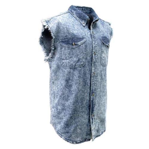Milwaukee Leather MDM11684 Men’s Classic Light Blue Button-Down Cut Off Frayed Sleeveless Casual Shirt3