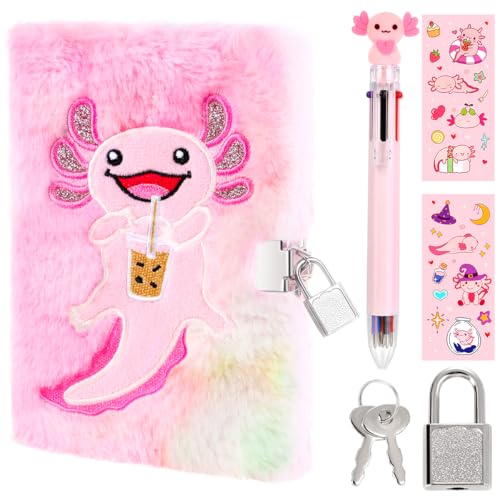 PrinBarBee Axolotl Diary For Girls With Lock And Keys, Girls Fuzzy Notebook Gift Set For Writing And Drawing