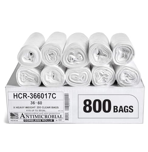Image of Aluf Plastics High Density Trash Bags, 55 Gallon, 800 Count, 17 Micron (eq), 36 inch x 60 inch, Clear, for Bathroom, Office, Industrial, Commercial, Janitorial, Municipal, Recycling