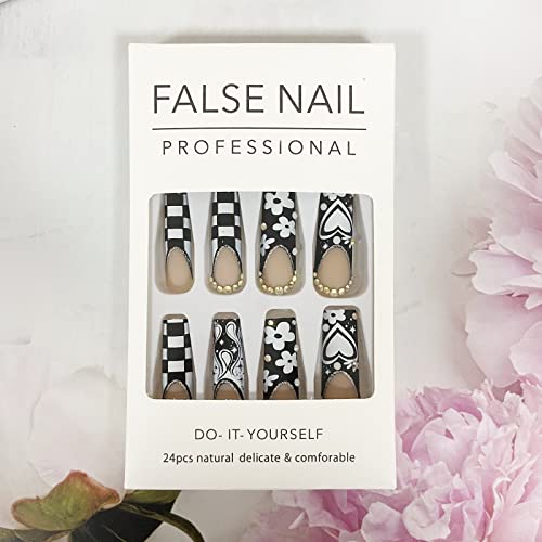 French Tip Press On Nails Long Coffin Fake Nails White Black Heart False Nails With Rhinestones Designs Full Cover Matte Artificial Nails Flower Flame Star Checkered Pattern Valentine Acrylic Nails #TOP5