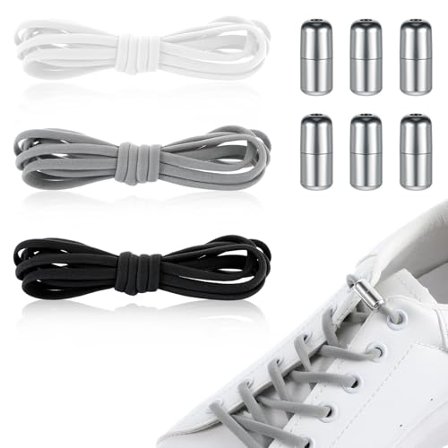 Ptwola 3 pares de cordones elásticos sin atar, para niños y adultos, con sistema de cierre rápido para zapatillas de deporte, zapatillas de correr, zapatillas deportivas, Negro + Blanco + Gris, talla
