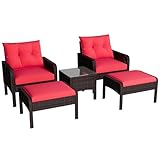 U-MAX Outdoor 5 Pieces Patio Furniture Set, PE Rattan Wicker Chairs with Ottoman and Table, Bistro Set for Front Porch, Garden, Backyard, Balcony, Brown/Red