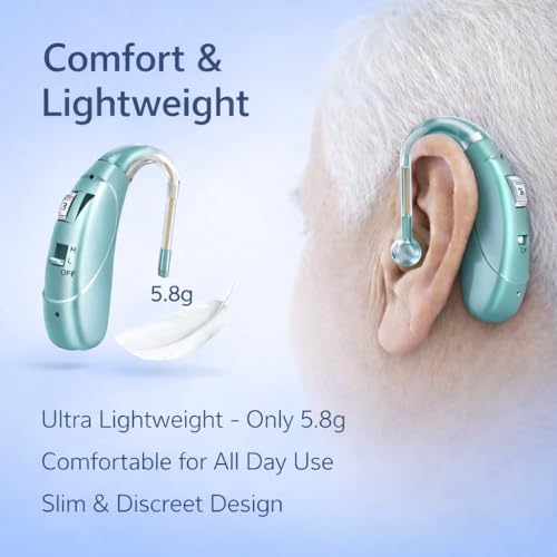 Image of Rechargeable Digital BTE Hearing Aid for Old Age with Type-C Charging for Severe to Profound Hearing Loss - Volume Control | Noise Reduction | Comfort Fit for Adults & Seniors (6 Month Warranty) (Mint-Green, For Both Ear)