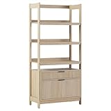 Walker Edison Transitional Open Reeded 4-Shelf Bookshelf with Drawers on Bottom, Versatile Bookcase with Bottom Storage for Home Office, Living Room, Bedroom, 33”W x 16.75”D x 70”H, Coastal Oak