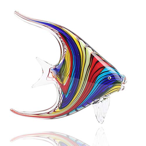 Hophen Art Glass Crystal Tropical Angel Swallow Fish Blown Handmade Sea Animal Figurine Sculpture Home Decor Collectible Statue Paper Weight Gift Ornament (Rainbow)