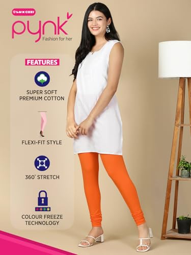 Image of Lux Cozi PYNK Solid Premium Cotton Lycra Churidar Leggings for Women | Regular Fit Elastic Waist Full Length Women Leggings | Free Size