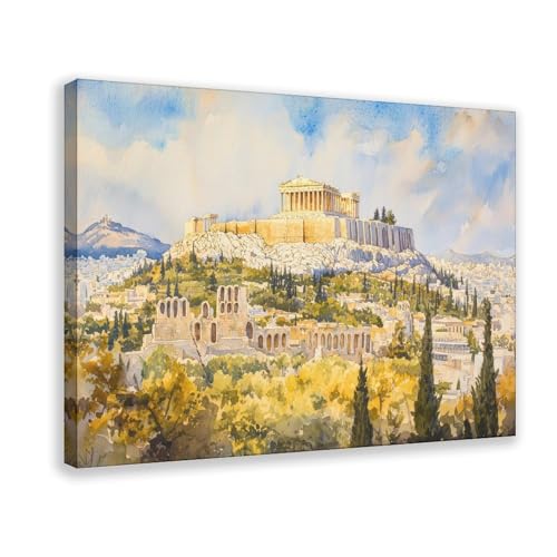HKXAG Athens Watercolor Poster Landscape Wall Art Athens Wall Hanging Home Décor Gift Art Lovers Greece Canvas Poster Wall Art for Living Room Bedroom Decor Frame 20x30inch