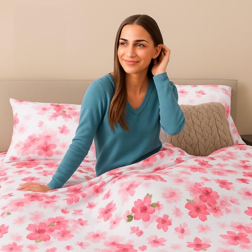 Image of King Size Bedsheet - Floral Pink - 108 x 108 Inches - Brushed Microfiber Flat Sheet with Pillow Covers - Soft, Cooling, Wrinkle & Fade Resistan