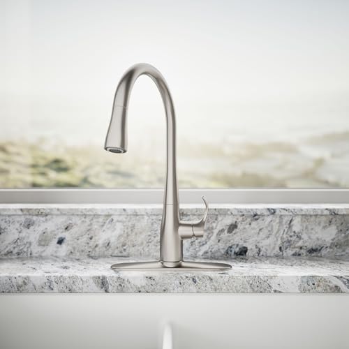 Image of KOHLER 596-VS Simplice Kitchen Sink Faucets with Pull Down Sprayer, 3-Spray Design, Vibrant Stainless Kitchen Faucets, High Arch