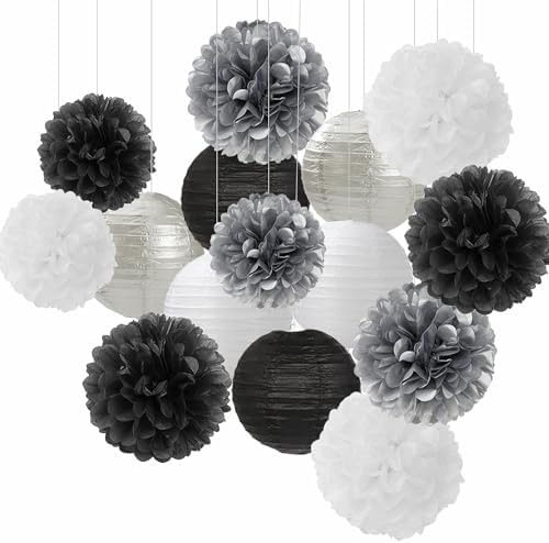 Black White Silver Party-Decorations Paper Flowers Lanterns - 15P...