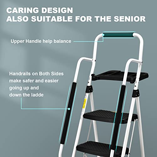 image for SocTone 5 Step Ladder with Handrails, Folding Step Stool with Tool Pla