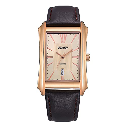 BERNY Orologio casual da uomo al quarzo, cinturino in pelle luminoso in