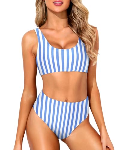 Image of Tempt Me Women Two Piece Scoop Neck Bikini Crop Top High Cut Swimsuit Sporty High Waisted Bathing Suit with Bottoms