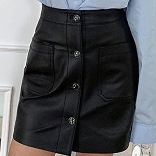Yurasiku Woman Casual Button Skater Skirts Comfy Pu Leather High Waist A-Shape Daily Mini Hip-Wrapped Skirt Black #TOP2