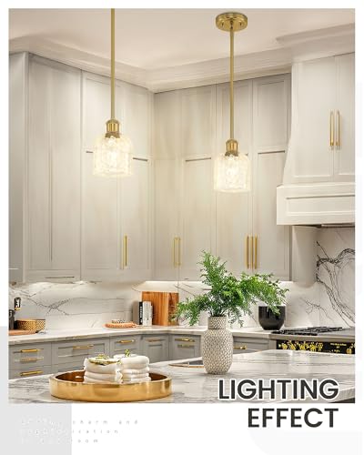 Image of zeyu Modern 1 Light Hanging Lamp, Hanging Lighting Fixture Set of 2, Gold Pendant Light with Clear Hammered Glass, Brushed Gold Finish, ZJF63MIL-2PK BG