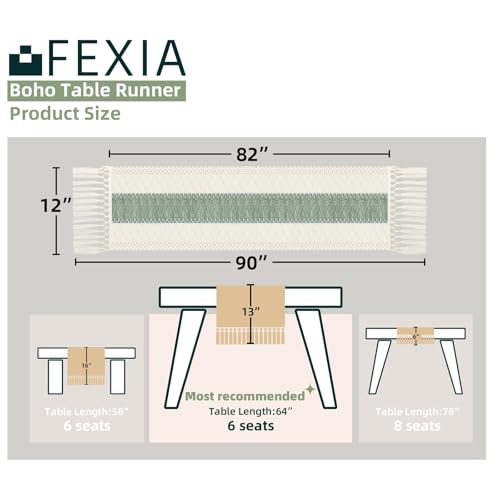 Image of FEXIA Sage Green Table Runner 90 Inches Long with Tassels Boho for Summer Home Decor Rustic Macrame Farmhouse Table Cover for Wedding Party Bohemian Bridal Shower Dining Decorations(12x90 Inches)