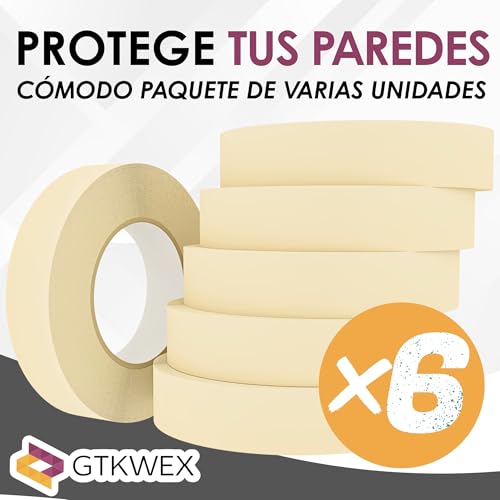 Miniatura 4 de Gtkwex Pack De 6 Cinta De Carrocero Para Pintar Y Enmascarar 6 Rollos De 50 Metros Total 300 Metros Cinta De Pintor Para Trabajos De Pintura Adhesiva, Fácil Retiro Sin Dejar Residuos. 36mm