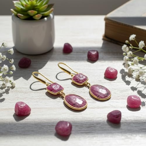 Boucles d'oreilles rubis faites main avec pierres rouges à facettes - 5