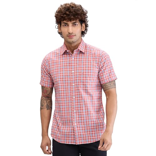 Image of Colorplus Men's Regular Fit Checks Pattern Pure Cotton Plain Collar Half Sleeve Casual Shirt