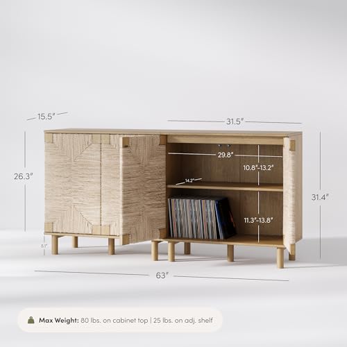 Image of Nathan James Beacon Accent Natural Sideboard Storage Cabinet TV Stand in Light Wood with Adjustable Interior Shelf and Seagrass Doors, for Hallway, Entryway or Dining Room, Light Brown, Set of 2