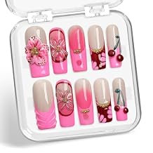 Pink Gradient Press on Nails Long Coffin Fake Nails 3D Luxury Flower Cherry Pattern Design Spring Summer Fruit French Tip Thick False Nails Golden Steel Ball Acrylic Nail for Women Nail DIY Size S