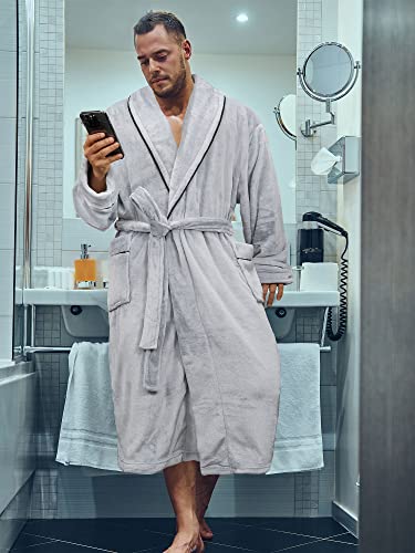 Pavilia Mens Soft Robe, Plush Warm Bathrobe For Men, Long Spa Robe With Shawl Collar, Pockets, Trim Piping (Light Grey) #TOP3